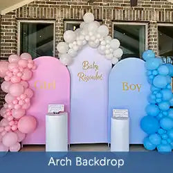 Gender reveal balloon arch display with pink, lavender, and blue panels decorated with ’Girl’ and ’Boy’ text.