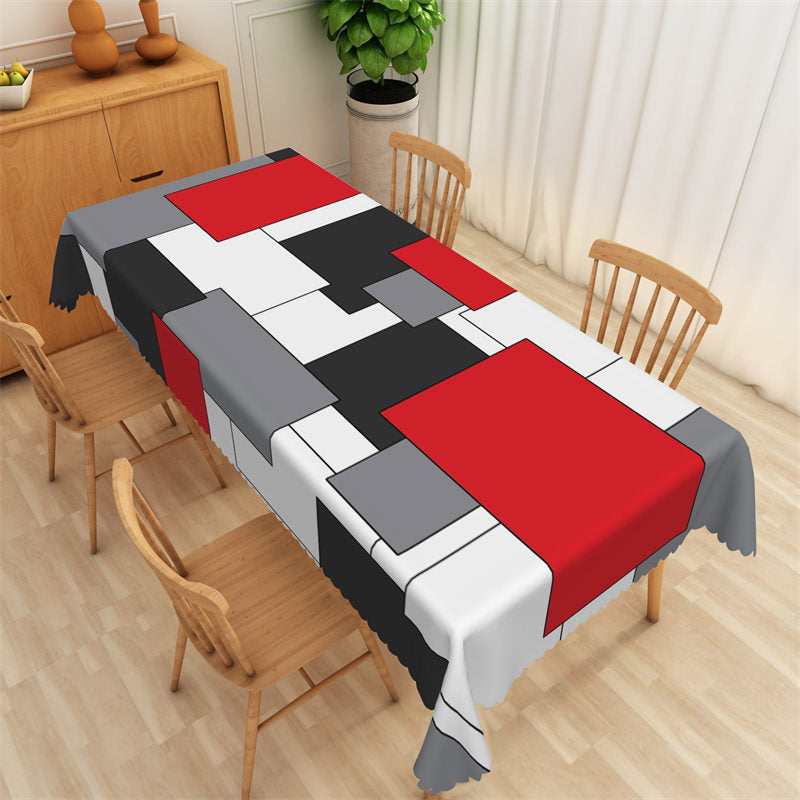 Lofaris Geometric Quadrate Pattern Red White Gary Tablecloth