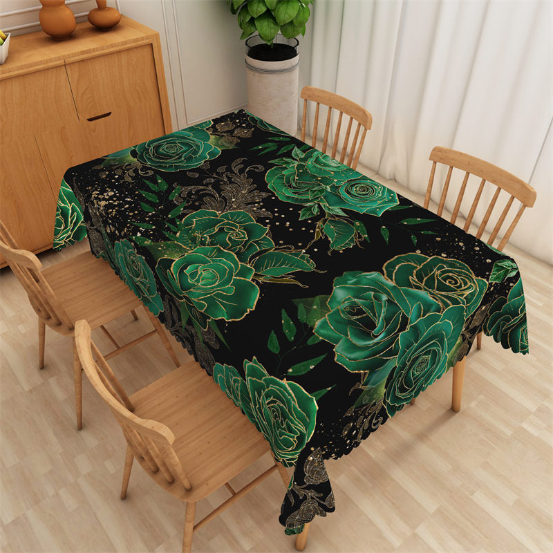 Lofaris Gilt Green Big Flower Black Rectangle Tablecloth