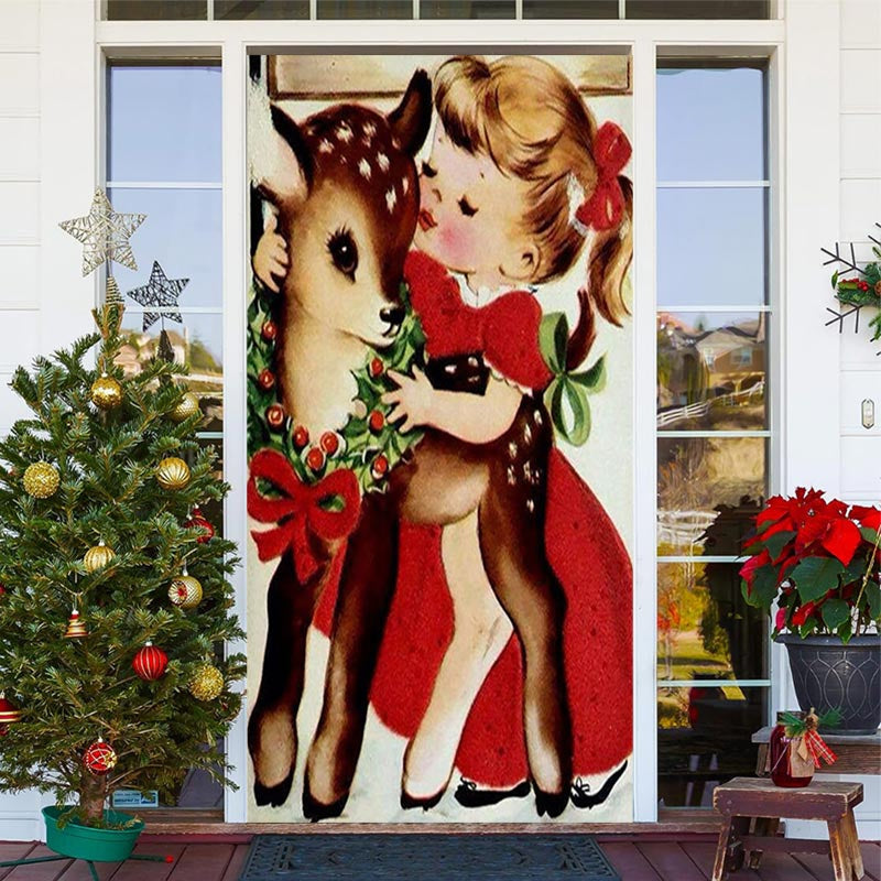 Lofaris Girl And Sika Deer Painting Christmas Door Cover