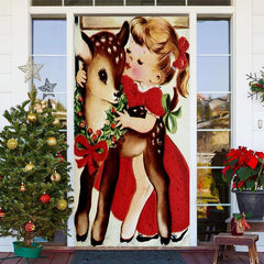 Lofaris Girl And Sika Deer Painting Christmas Door Cover