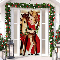 Lofaris Girl And Sika Deer Painting Christmas Door Cover