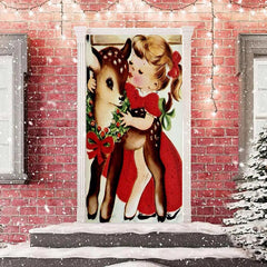 Lofaris Girl And Sika Deer Painting Christmas Door Cover