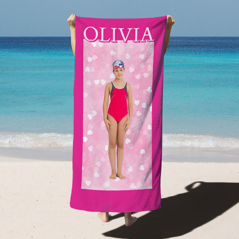 Lofaris Girls Personalised Pink Bokeh Heart Beach Towel