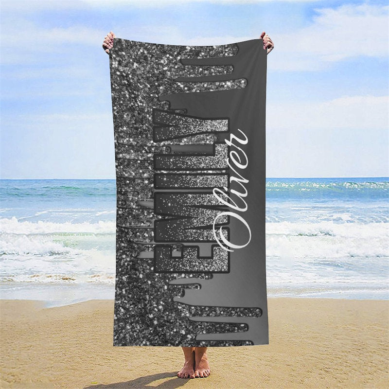 Lofaris Glitter Black Silver Custom Name Beach Pool Towel