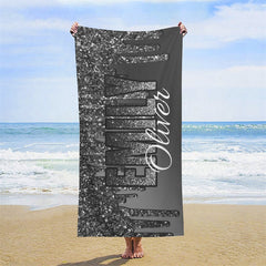 Lofaris Glitter Black Silver Custom Name Beach Pool Towel