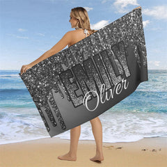 Lofaris Glitter Black Silver Custom Name Beach Pool Towel