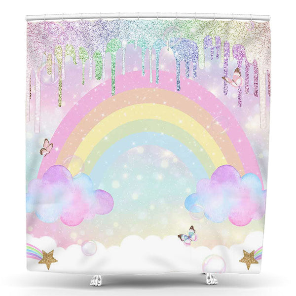Lofaris Glitter Creamy Rainbow Butterfly Shower Curtain | Personalized Shower Curtain | Custom Length Shower Curtains | Custom Size Shower Curtains