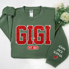 Lofaris Glitter Custom Name Gigi Grandma Est Kids Sweatshirt