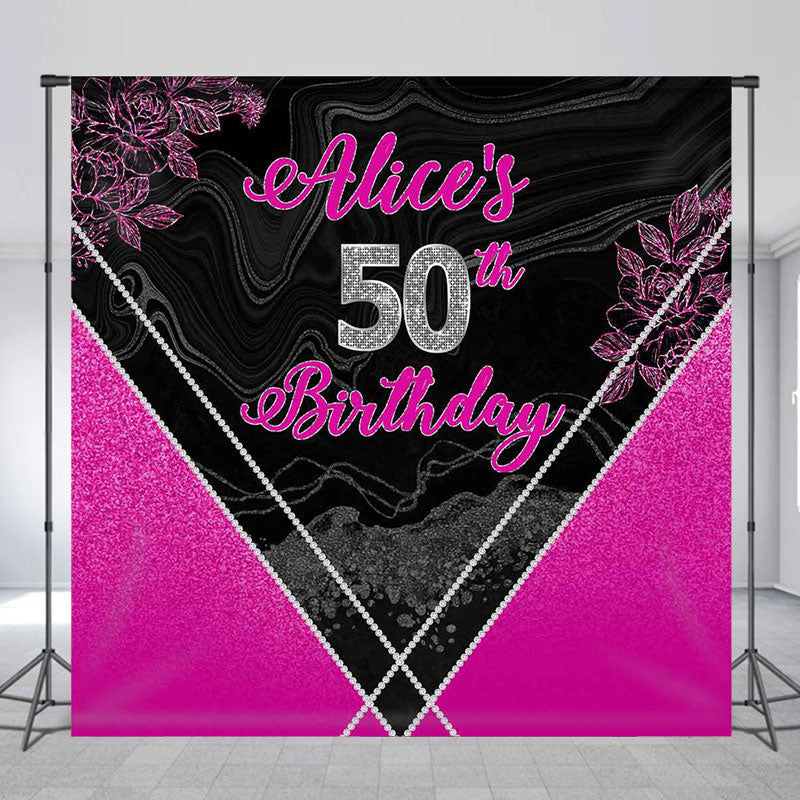 Lofaris Glitter Floral Fuchsia Custom 50th Birthday Backdrop