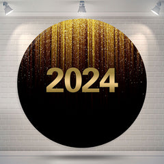 Lofaris Glitter Golden Black Happy New Year Circle Backdrop