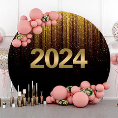 Lofaris Glitter Golden Black Happy New Year Circle Backdrop