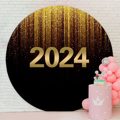 Lofaris Glitter Golden Black Happy New Year Circle Backdrop