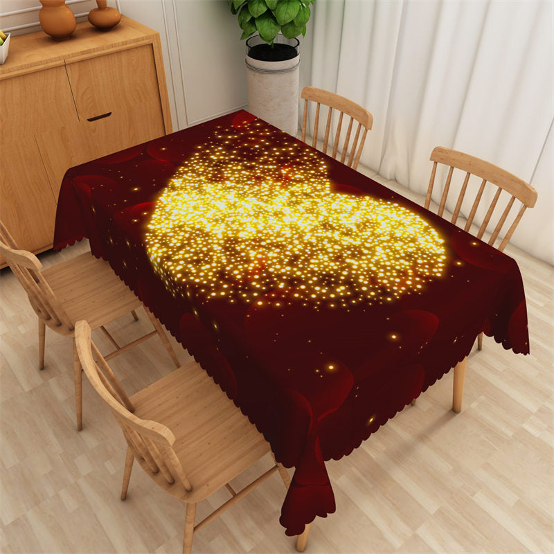 Lofaris Glitter Golden Heart Deep Red Rectangle Tablecloth