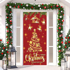 Lofaris Glitter Golden Xmas Tree Red Christmas Door Cover