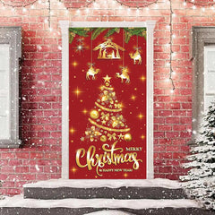 Lofaris Glitter Golden Xmas Tree Red Christmas Door Cover