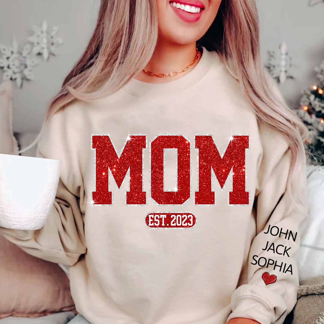 Lofaris Glitter Mom Est Red Letters Custom Name Sweatshirt