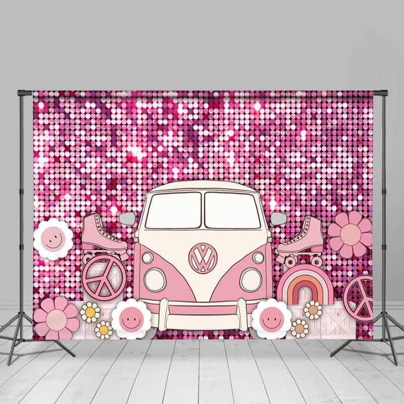 Lofaris Glitter Pink Sequins Bus Flowers Dance Backdrop