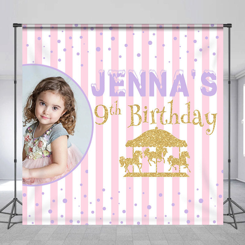 Lofaris Glitter Pink Stripe Custom Photo 9Th Birthday Backdrop