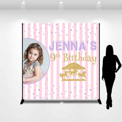 Lofaris Glitter Pink Stripe Custom Photo 9Th Birthday Backdrop