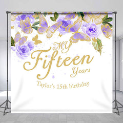 Lofaris Glitter Purple Butterfly Custom 15th Birthday Backdrop