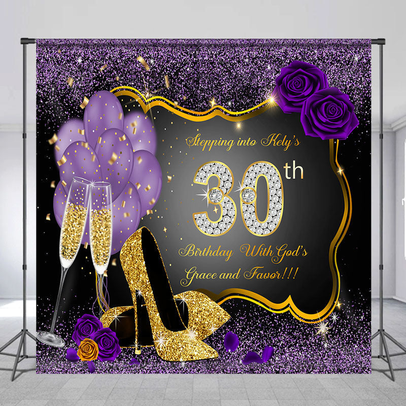 Lofaris Glitter Purple Custom Name 30Th Birthday Backdrop