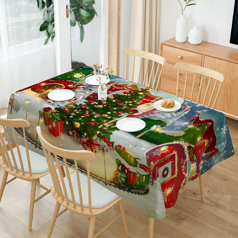 Lofaris Glitter Snowy Cartoon Town Christmas Tablecloth