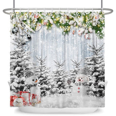 Lofaris Glitter Snowy Tree Snowman Christmas Shower Curtain