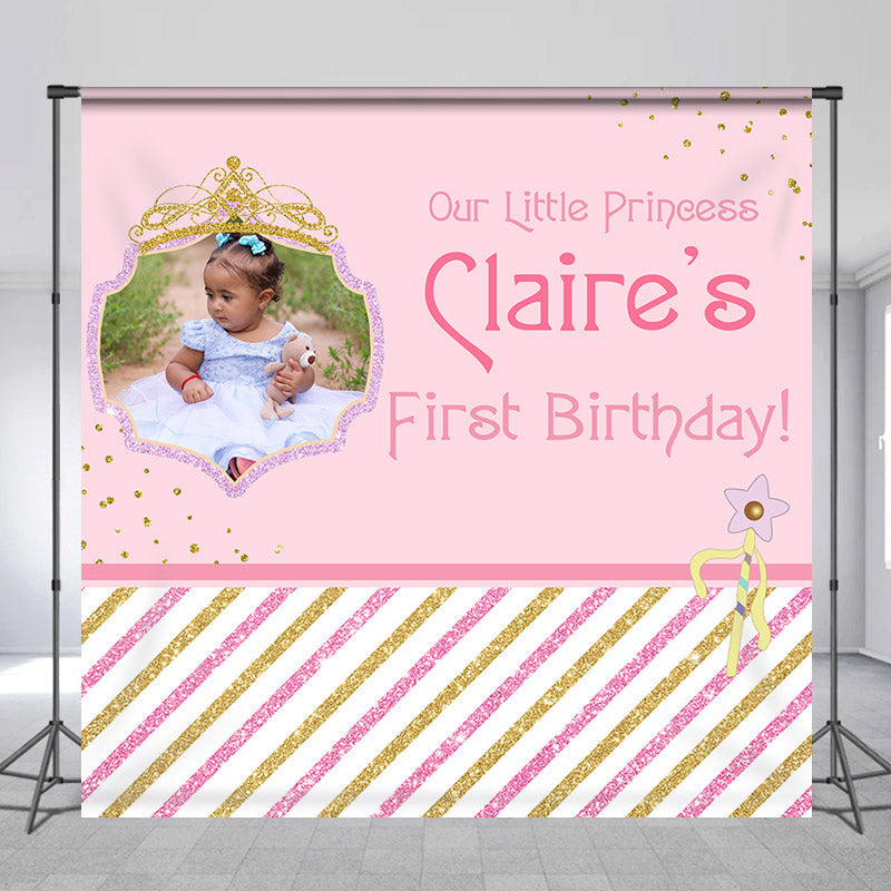 Lofaris Glitter Stripe Pink Custom Photo 1st Birthday Backdrop