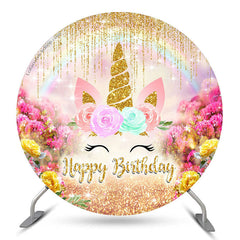 Lofaris Glitter Unicorn Flowers Round Birthday Backdrop