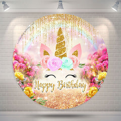 Lofaris Glitter Unicorn Flowers Round Birthday Backdrop