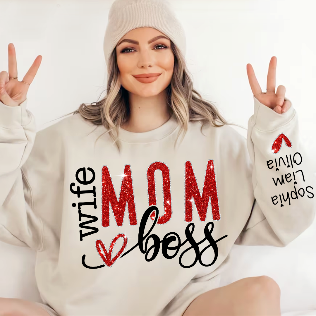 Lofaris Glitter Wife Mom Boss Heart Kids Custom Sweatshirt