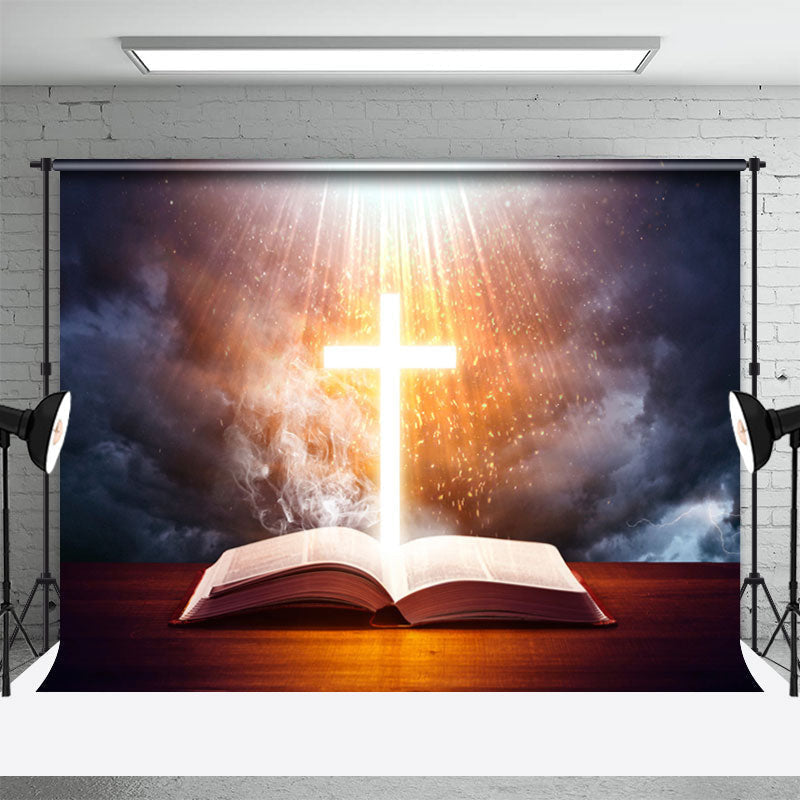 Lofaris Glowing Crucifix Opened Bible Book Funeral Backdrop