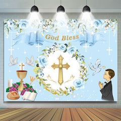 Lofaris God Bless Blue Floral Baptism Backdrop For Boy