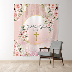 Lofaris God Bless Flower Gold Glitter Baptism Party Backdrop