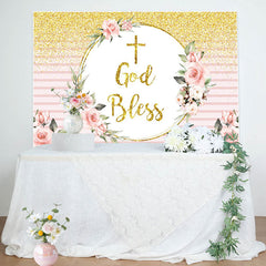 Lofaris God Bless Glitter Floral Pink Stripe Baptism Backdrop