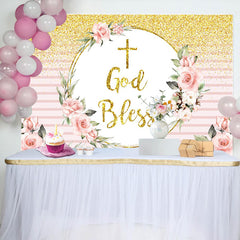 Lofaris God Bless Glitter Floral Pink Stripe Baptism Backdrop