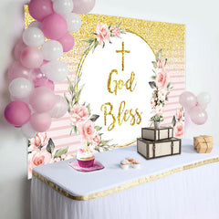 Lofaris God Bless Glitter Floral Pink Stripe Baptism Backdrop