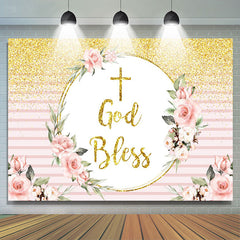 Lofaris God Bless Glitter Floral Pink Stripe Baptism Backdrop