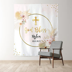 Lofaris God Bless Golden Wreath Floral Glitter Baptism Backdrop