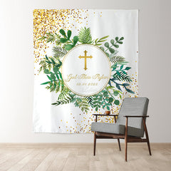 Lofaris God Bless Green Leaves Gold Glitter Baptism Backdrop