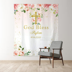 Lofaris God Bless Pink Floral Gold Glitter Backdrop for Baptism