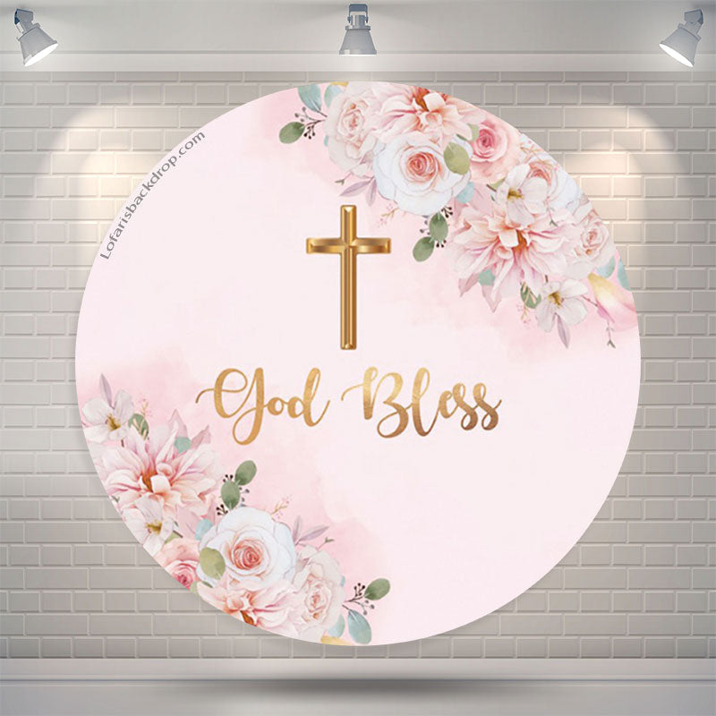 God Bless Pink Floral Round Backdrop For Baptism