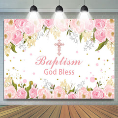 Lofaris God Bless Pink Floral White Baptism Backdrop For Girls