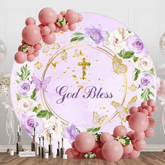 Lofaris God Bless Purple Floral Cross Round Baptism Backdrop