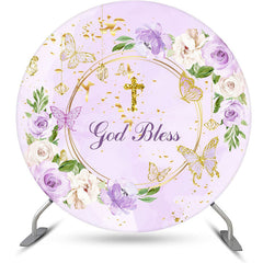 Lofaris God Bless Purple Floral Cross Round Baptism Backdrop