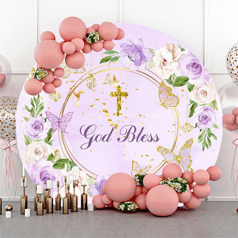 Lofaris God Bless Purple Floral Cross Round Baptism Backdrop