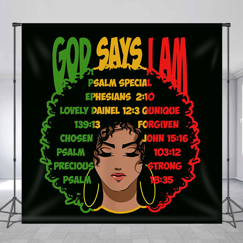 Lofaris God Says I Am Bible Afro Woman Black Party Backdrop