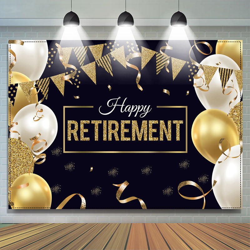 Gold Balloon Ribbon Black Happy Retirement Backdrop - Lofaris