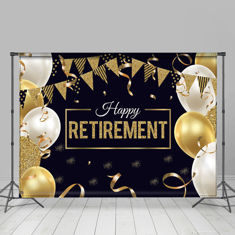 Gold Balloon Ribbon Black Happy Retirement Backdrop - Lofaris